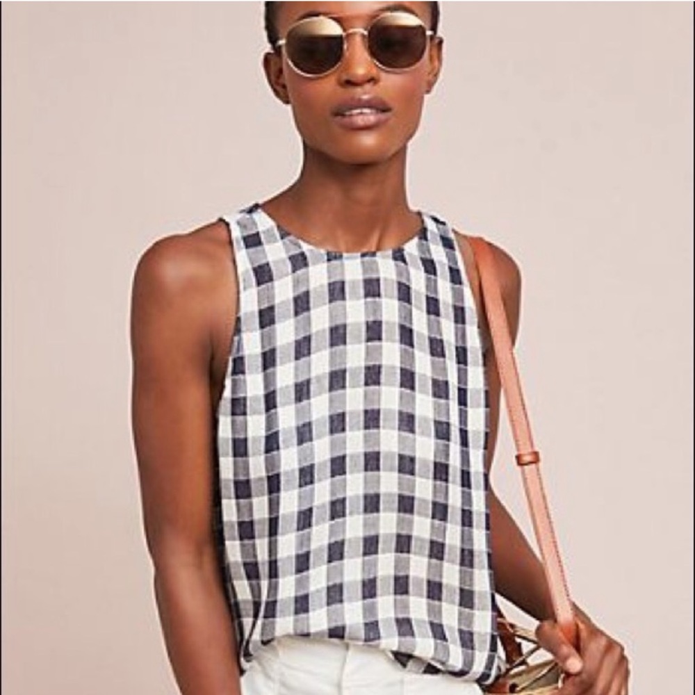 Anthropologie Cloth & Stone Gillian Gingham Navy Top Small - Picture 2 of 11